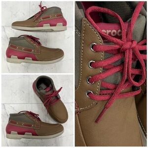NWT Mens New In Box wTags CROCS Beach Line Boat Chukka Hazelnut/Brick Red Shoes